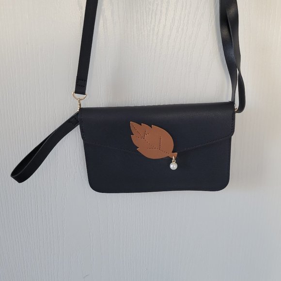 Unbranded Handbags - Small Black Leather Shoulder Purse Brown Leaf Autumn Wrist Strap Handbag Pocket